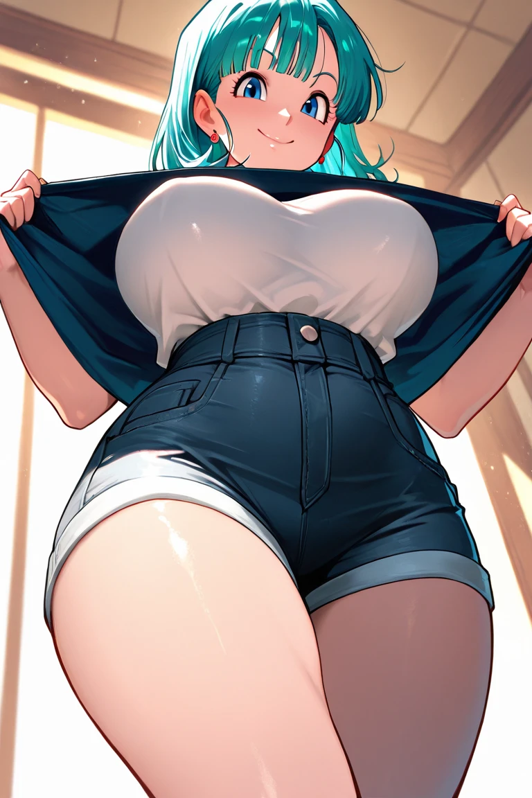 (best quality,masterpiece) thicc, 1 girl, small breasts, wide hips, thick thighs, shy, ponytail, blue hair, narrow waist, blue jeans, white shirt,
