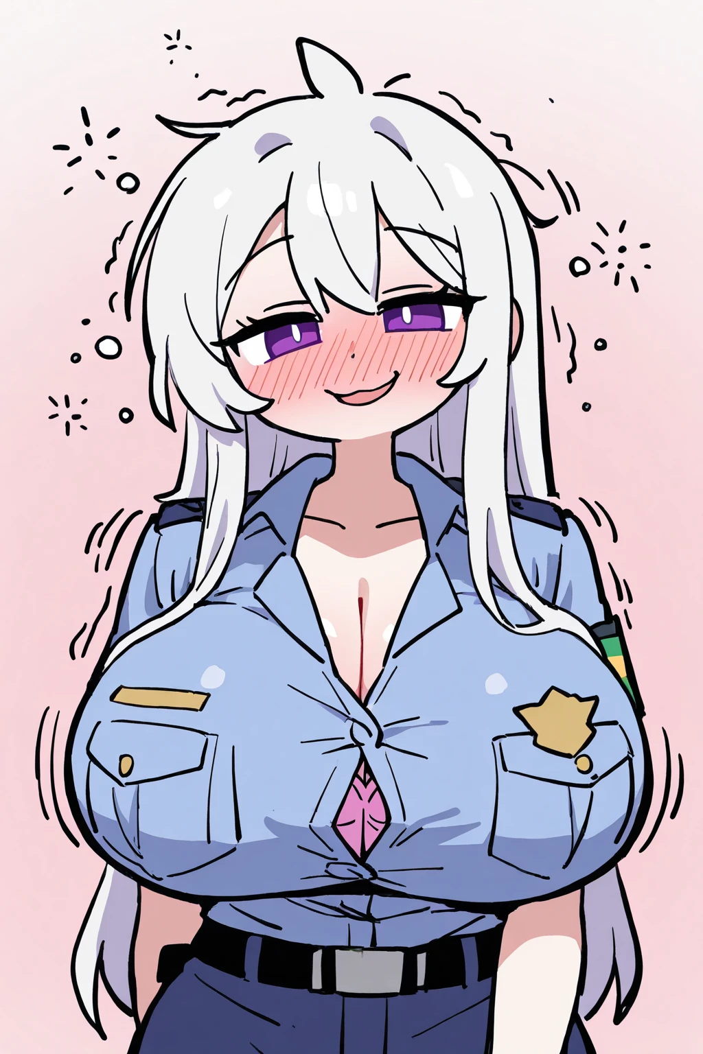 Dark-skinned woman police officer,with white hair and cat ears,showing the nipples of her big breasts, showing hairy pussy,masturbating