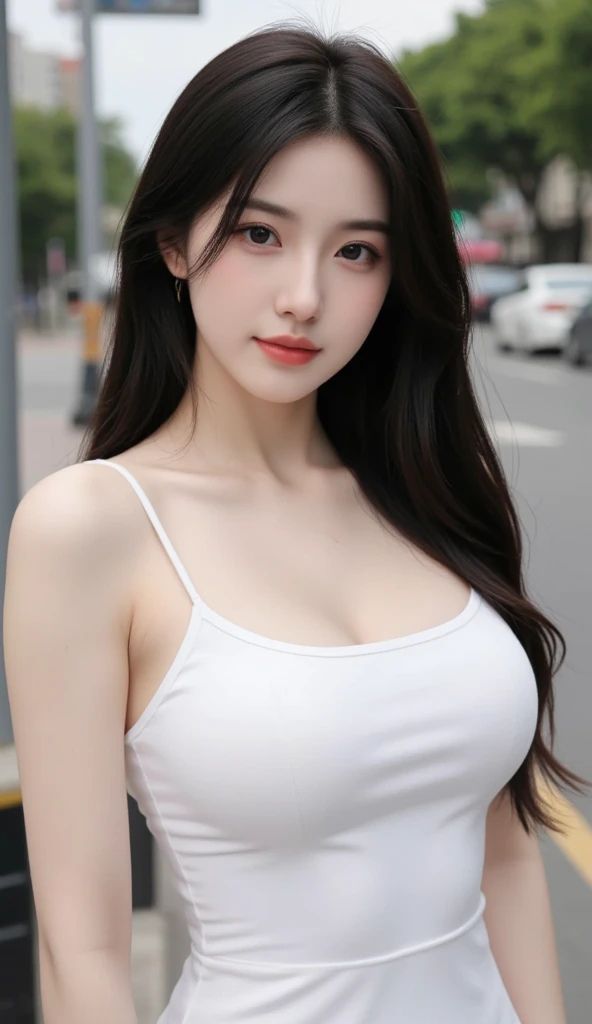 1girl, masterpiece, (extremely intricate:1.2), woman, ultra detailed, finely detailed face, extremely detailed face, pale skin, black_hair, sexy, curvy hair, black medium hair, large breast, high quality, best quality, realistic, ultra realistic, photorealistic, beautiful delicate eyes, highest quality, highres, Raw Photo, 8k, detailed eyes, highest resolution, (exquisitely detailed skin), light smile, curvy, calm lighting, perfectly drawn eyes, sexy pose, ((deep dark, night, dark theme:1.1)), depth of field,(((in a park, standing, sexy tshirt, large breasts, cleavage))), realistic breasts, lusty smile,