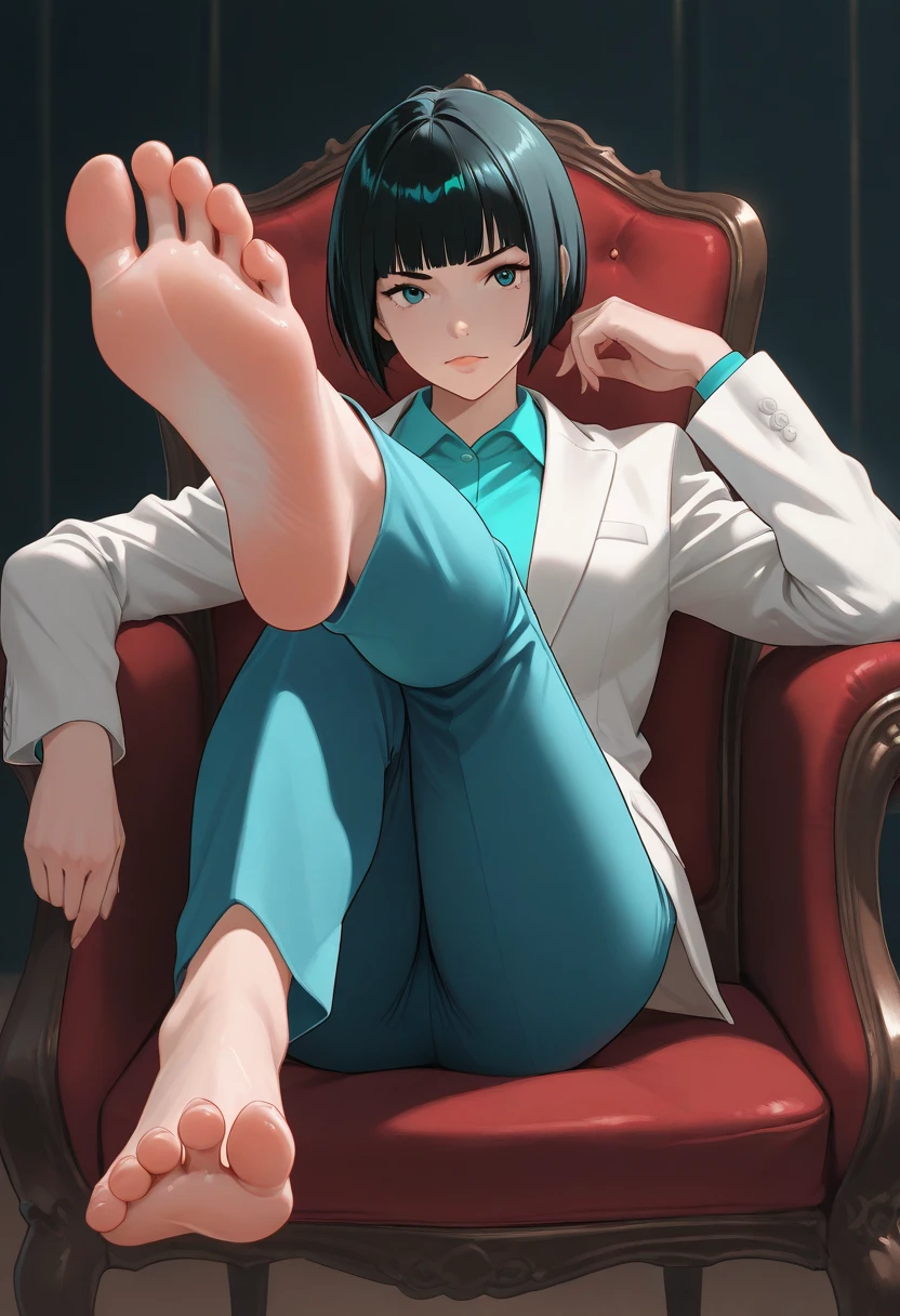 (masterpiece),The best quality,Amazing,Detail it up.depth of field,beautiful detailed eyes, Nico Robin, 1girl,Alone,cowboy shot,mature female,happy,light smile,5 toes, black toe nails, Focus full body, (((sit on a chair))), tied ankles together,tied arms,(((barefoot)))