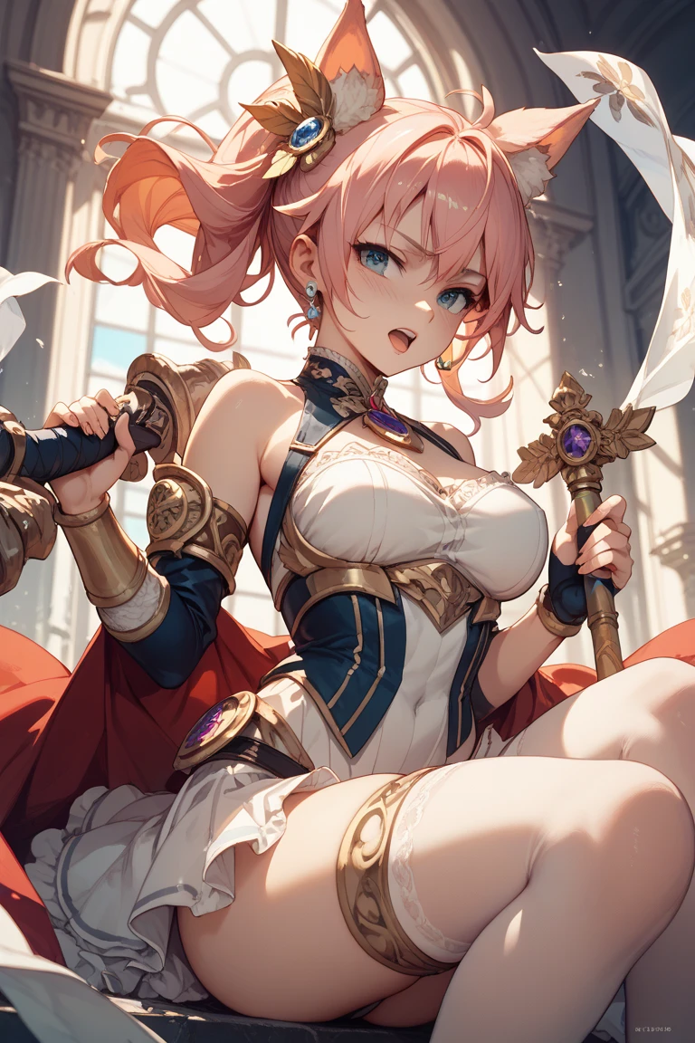 NSFW,{{1 girl, Nekoda Tsuna, vspo!}},Super detailed, masterpiece, absurd, high resolution, very aesthetic, (anime, masterpiece, complexity: 1.3),(Top Quality, High Texture, (4k), (Incredible Detail: 1.4), Full Body, Shiny Skin, Ponytail, Bangs, Cute Face, (Perfect Eyes), (Detailed Eyes), (Shining Eyes), Beautiful Eyes, Bright Eyes, Cute Eyes, Cute Smile, Small Fangs, Cross Earrings, Red Armor, Gold Carving, White Cape Fluttering in the Wind, Highly Detailed Clothes, Beautifully Made Outfit, Gauntlets, Red Mini Skirt with Gold Decoration, Zettai Ryouiki, Big Breasts, Deep Cleavage, Side Boob, Windblown Hair,Fluffy Waist, Thighs, High Legs, Knee High Socks, Armored Boots, High Heels, Dynamic Pose
