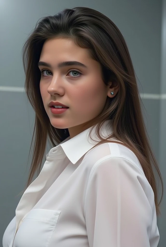 close up of a stunning young woman working at a convenience store, wearing a white button up shirt with black placket, office in the background, upper body, RAW, HD, 8K, close up, highly detailed face, cute