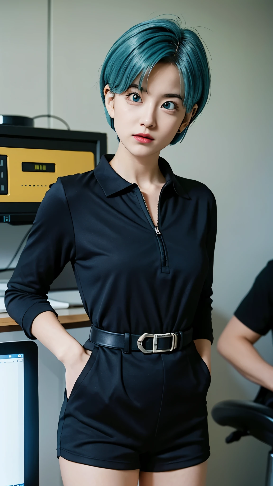 "Create an ultra-realistic portrait of Bulma from Dragon Ball as if she were a real human. She has striking blue hair styled in a modern, slightly wavy bob cut, vivid blue eyes, and a confident, intelligent expression. Her outfit is a stylish, futuristic capsule corp-themed jumpsuit with utility belts and tech gadgets, blending anime flair with real-world materials like leather, nylon, and metal. Her skin is flawless, with a natural glow, and the lighting should be cinematic, with soft shadows and depth. She is standing in a high-tech lab environment with glowing screens and advanced machinery in the background. Render in photorealistic style, 8K detail, with intricate textures on clothing and lifelike facial features, showing realism in skin pores, hair strands, and eye reflections."