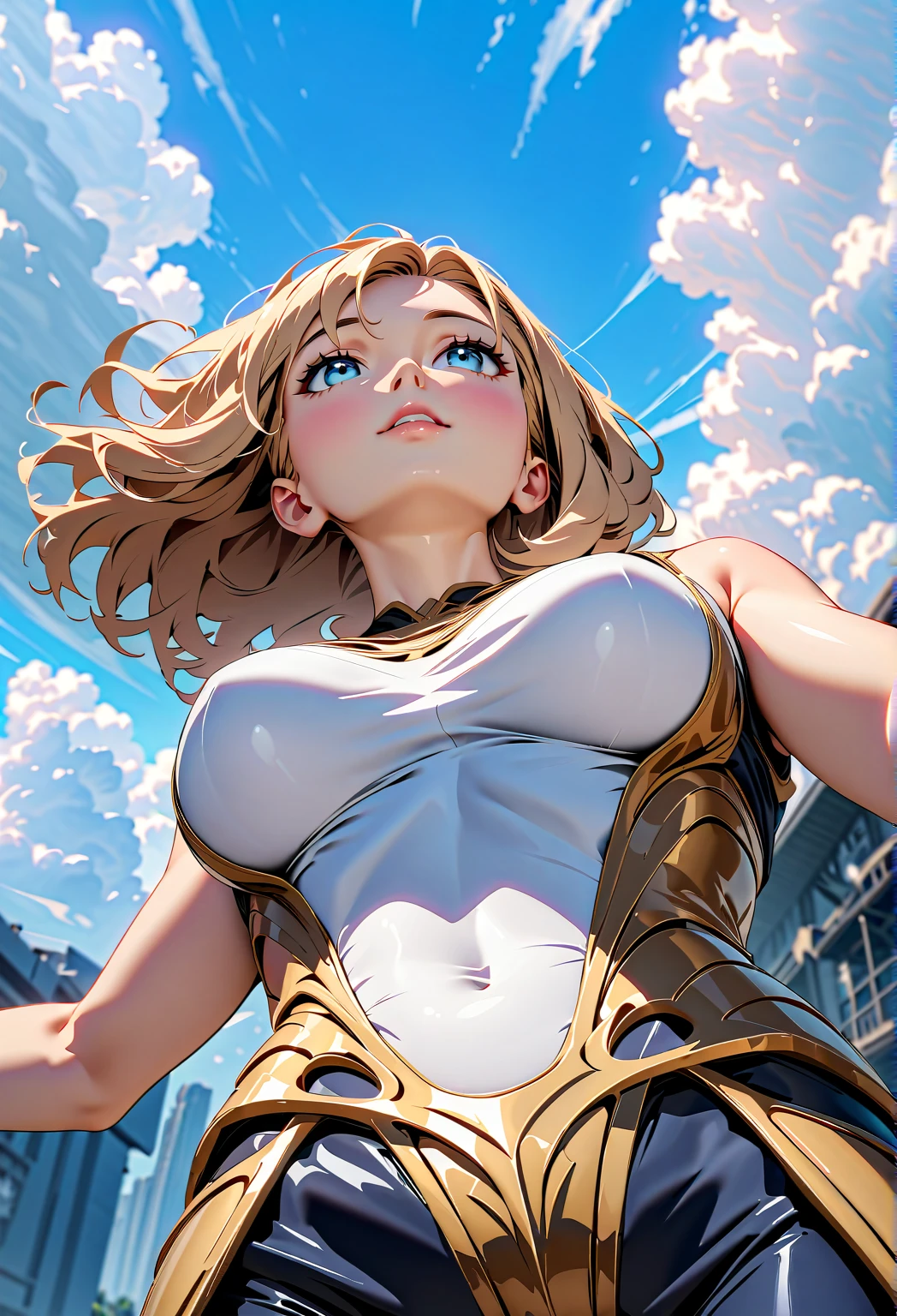 Costumed girl (bust) holding the city in the palm of her hand (extreme detail)