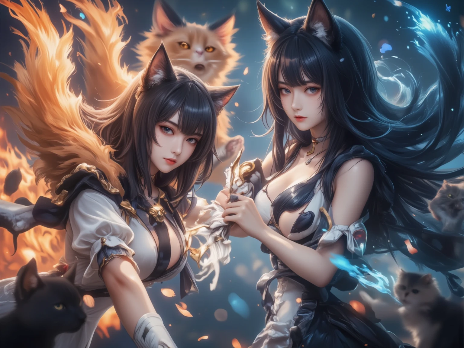 intricate fantasy catgirl, beautiful couple in love, warm orange flames, highly detailed, masterpiece, 8k, photorealistic, detailed eyes and face, elegant pose, romantic atmosphere, vivid color palette, dramatic lighting, cinematic composition, ethereal, magical, fantasy art