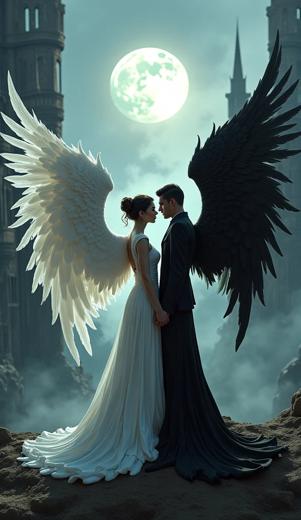 A romantic embrace between an angel and a diabolical couple Illuminated by distant nebulae.