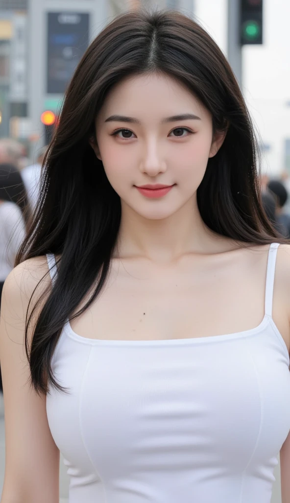NSFW:1.5,((highest quality、8K resolution、master masterpiece、portrait:1.3)), Photoreal, 35mm film, 1 Japanese female, Upper body、on the street during the day, wrinkles around the eyes、plump body、black hair、smile,((white bra_panties:1.3)) , (outdoor:city street 1.3), jumbled background,look at the audience,Tokyo cityscape:1.3,smile