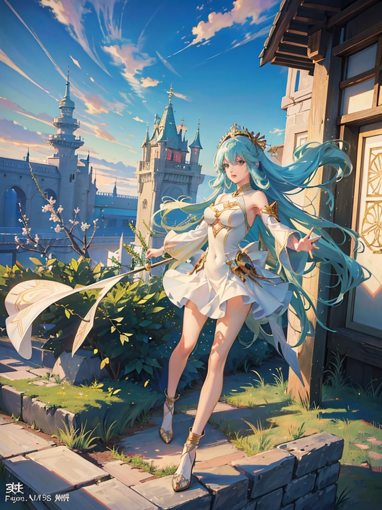 (obra maestra) (La mejor calidad) A legendary and beautiful warrior angel carries an impressive curved sword and a small round shield. She is in an open-air temple in a clearing., Windy day. Ella es muy hermosa, Ella es algo delgada, Collares vistosos. alas (((only one Women))) ((pechos grandes))
