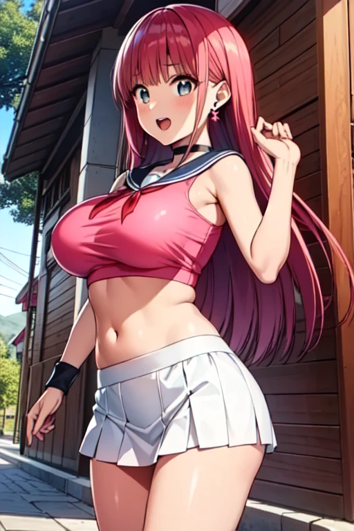 Best Quality, masutepiece, hight resolution, Solo, {Bremerton_azur lane:1.15}, long_hair, Pink_hair, Bangs, Pink_Eyes, Multicolored_hair, Streaked_hair, breasts, Large_breasts, hair_Bland_Eyes, blush, Twin-tailed, greys_hair, cleavage, Two-tone_hair, hair_ornament detached, Mole, Mole_Under_eye, side locks, Sleeveless, X_hair_ornament detached, hair_intakes, 1girl in, Bare_shoulders, hair clips, heart mark, heart mark_Necklace, Jewelry, Necklace, Official_alternate_The costume, Shirt, Sleeveless_Shirt, Sportswear, tennis_uniform, Crop_Top, Crop_Top_overhang, Midriff, Navel, Skirt, Two-tone_Shirt, Two-tone_Skirt, 鎖骨, is standing, Open_Mouth、(white  panties:1.3)、(Fully exposed panties:1.5)、(Squatting:1.3)、plein air、outside of house、、Look at viewers、Smile with open mouth