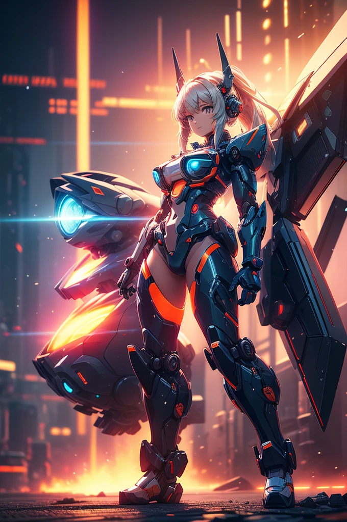 (Top Quality, 16k, Super Detailed, Detailed Face), (Masterpiece), (Perfect Anatomy: 1.4), ((Cyberpunk)), (Blown Out Skin: 1.4), (1 Girl, Solo ), (Spread out glowing mecha wing unit: 1.3), (Glowing mecha weapon: 1.2), (Mecha light gun), (Cerulean blue sky, future cityscape: 1.3), 17 years old, bright blonde hair, (Two Sides Updo, long hair), medium breasts, navel visible, wide skin area,