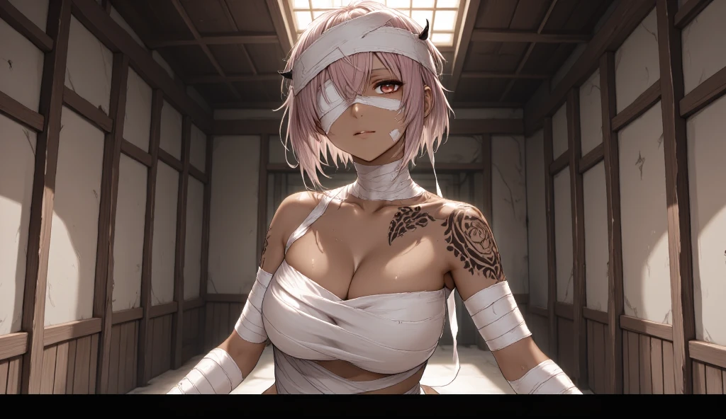 Super-realistic full-length Fashion photoshoot of a pink haired mature female, (High quality, High resolution, Fine details, Realistic),(((Mummy Costume))),(((ragged white bandages))),solo, Adult Woman, sakura\(boruto\) with long flowing hair, sparkling eyes, blush, perfect face, perfect nose, perfect green eyes, perfect lips, with (Pink hair), Large breasts, Sweat, Oily skin, creepy atmosphere, detailed texture, aged and weathered appearance, ancient Egyptian burial, emphasized bandage wrapping, sharp lighting, dusty tomb, spooky aura, unearthly presence, low key image, sharp texture, 4k, 8k, shot with Canon EOS 5D Mark III, 50mm, f/8, realistic face and body, full body, upper body closeup