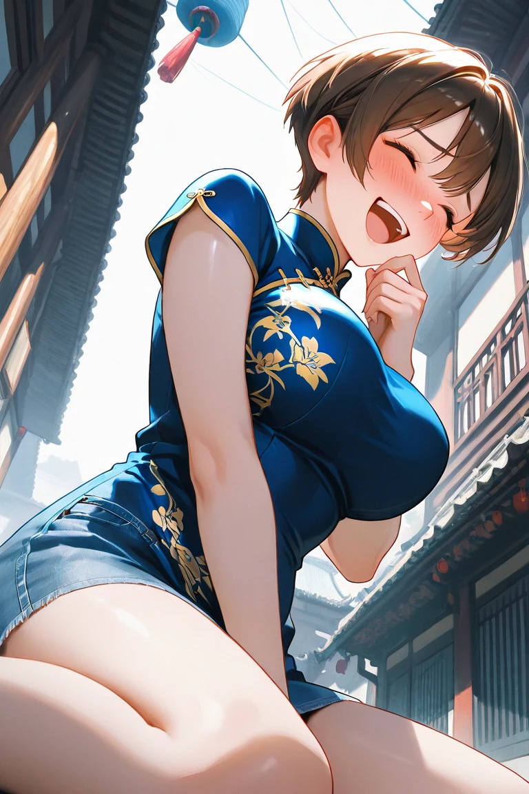 score_9,score_8_up,score_7_up,masterpiece,best quality, source anime, realistic, super detailed, extreme detailed, rating_safe,
1girl, fighting pose,
BREAK girl, 22yo, short hair, bob cut, (blunt bangs), black hair, (tareme, detailed cute brown eyes), curled eyelashes, (large breasts:0.9),
shiny hair, beautiful detailed eyes, beautiful face,
slender, small ass, slim legs,
 body conscious cheongsam,  serious, Chinese restaurant