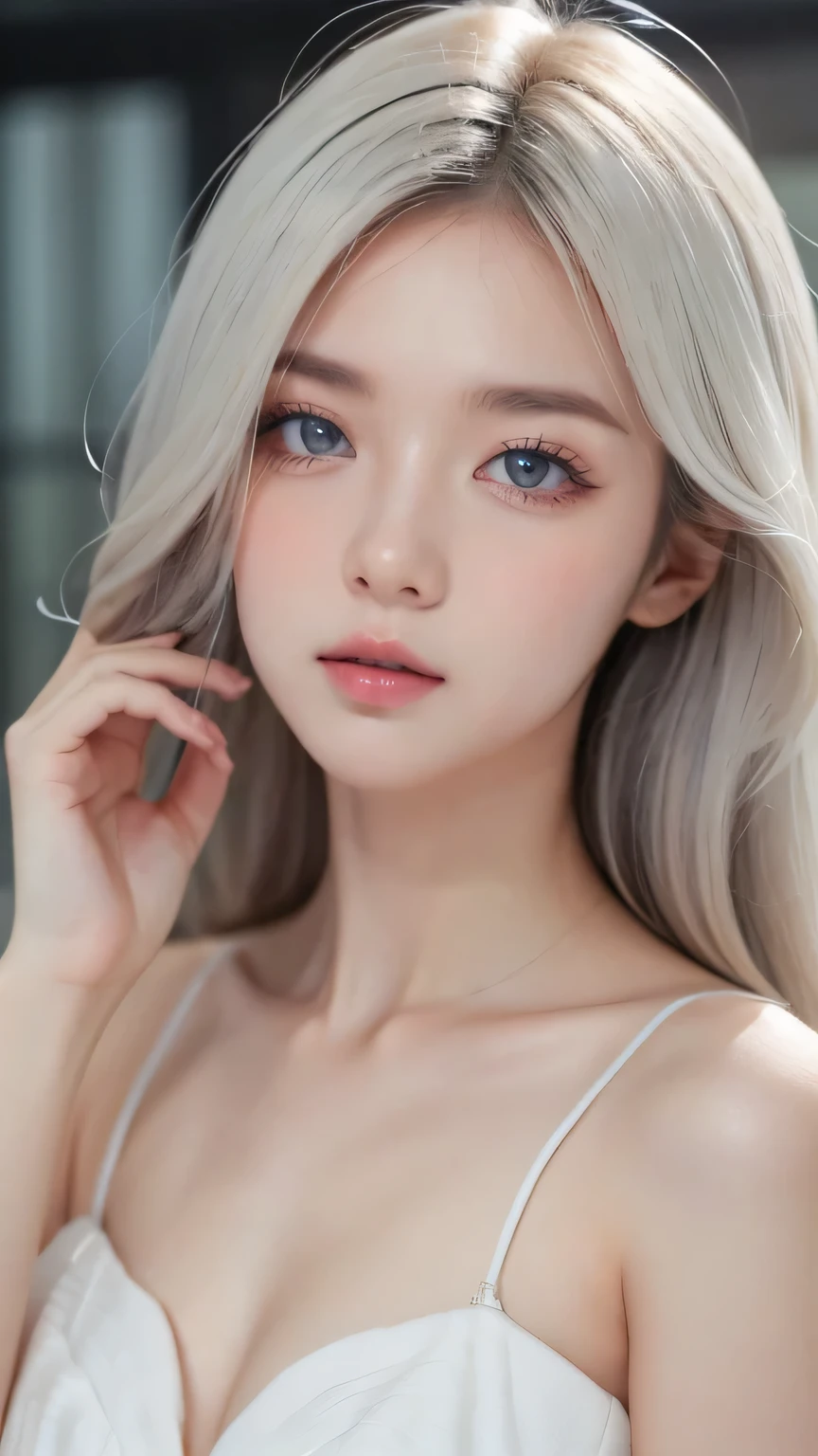 forehead、Big Breasts、Northern Europe、Russia、beautiful girl、Platinum Blonde Hair、Straight long hair、Hitting the face and front of the eyes、Big blue eyes、Sheer white and wet nightgown、Northern Europeの若者、Perfect body、White tendons、Glowing Skin、Young and beautiful skin、A perfect and beautiful little face、Bright makeup、Pale pink lips、Bright expression、16-year-old girl、Unbuttoned shirt、lipstick、Deceptive advertising、{vapor}、Viewer's vision、Golden Hour Lighting、Bokeh Atmosphere Perspective、detailed、Movie Light、複雑なdetailed、High resolution、 フェイスデザインのdetailedな特徴、Attention to detail、Clear focus、Smoothness、aesthetics、Printed、Octane、{{masterpiece}}