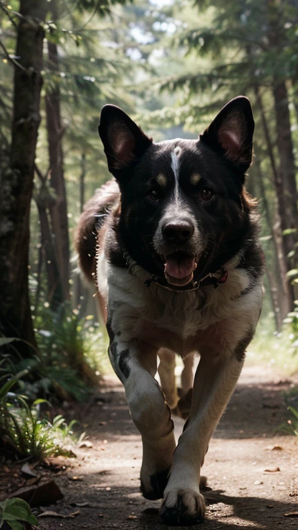 Generate an exceptional, realistic, and highly detailed image featuring a commanding German Shepherd. Ensure outstanding lighting with a confident posture, and create a striking effect by accentuating the dog's eyes in red. The background should depict a forest with grass, water, and stones, illuminated by sunlight, and shadows should be added for heightened realism. Additionally, incorporate animation to bring vitality to the scene, enhancing the overall visual appeal.