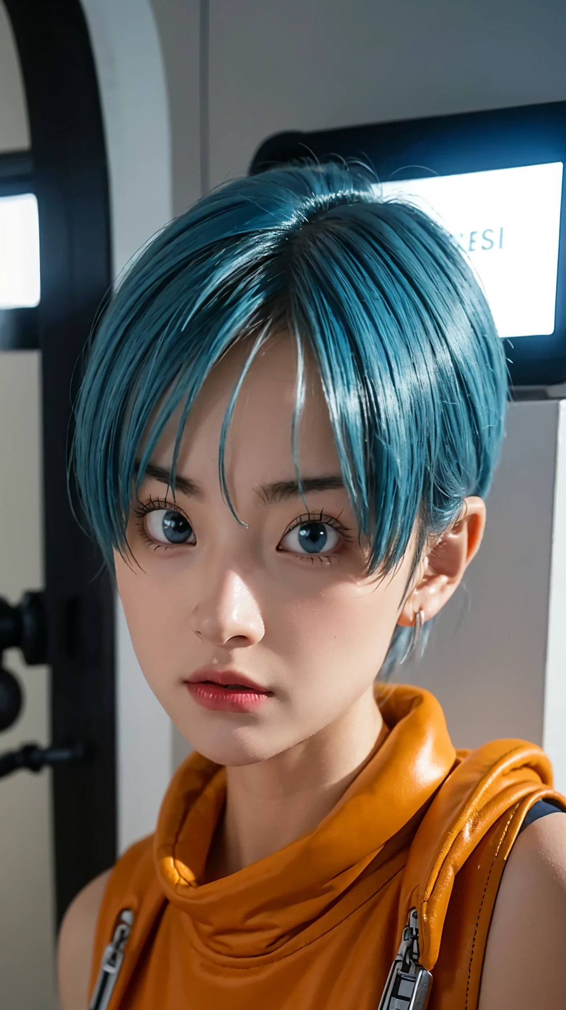 "Create an ultra-realistic portrait of Bulma from Dragon Ball as if she were a real human. She has striking blue hair styled in a modern, slightly wavy bob cut, vivid blue eyes, and a confident, intelligent expression. Her outfit is a stylish, futuristic capsule corp-themed jumpsuit with utility belts and tech gadgets, blending anime flair with real-world materials like leather, nylon, and metal. Her skin is flawless, with a natural glow, and the lighting should be cinematic, with soft shadows and depth. She is standing in a high-tech lab environment with glowing screens and advanced machinery in the background. Render in photorealistic style, 8K detail, with intricate textures on clothing and lifelike facial features, showing realism in skin pores, hair strands, and eye reflections."
