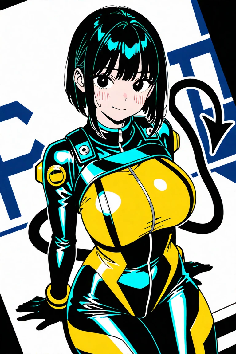((((Female Vault dweller, toned body, large breasts)))) pale skin black hair blue eyes sad frown blush, fully cover bodysuit. skintight, blue and yellow jumpsuit, fallout vault dweller, stepford wife, feckled, 50's attire, tickled, arms restrained, tickled by robotic hands. Hysterical laughter, wide eyed.