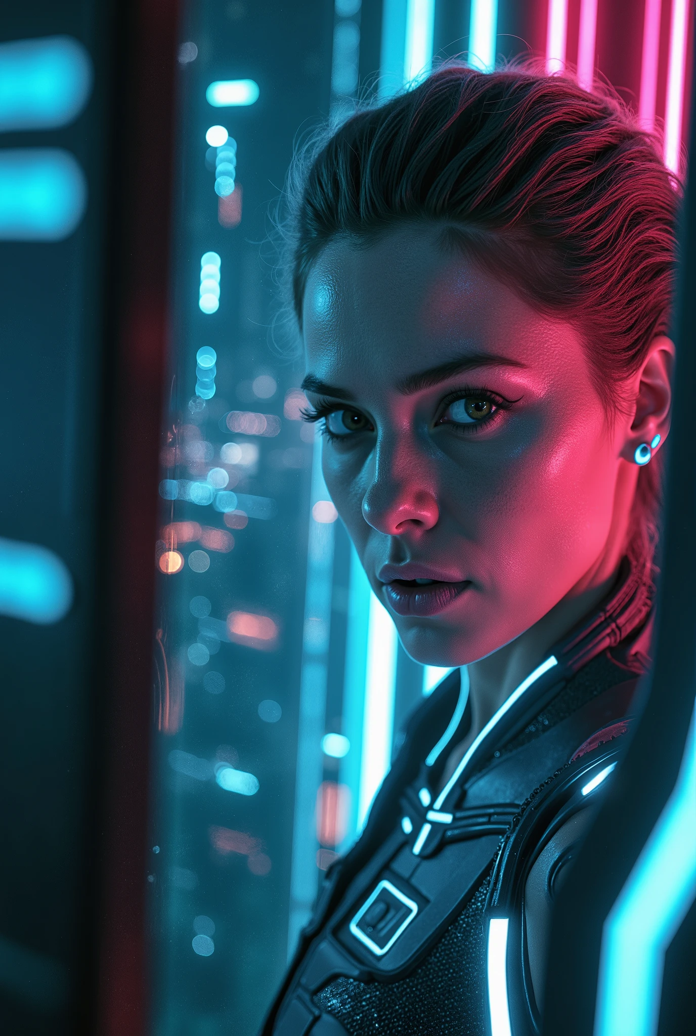 TRON: Legacy, Close-up, neon, digital city, 80s, retro, Emilia Clarke