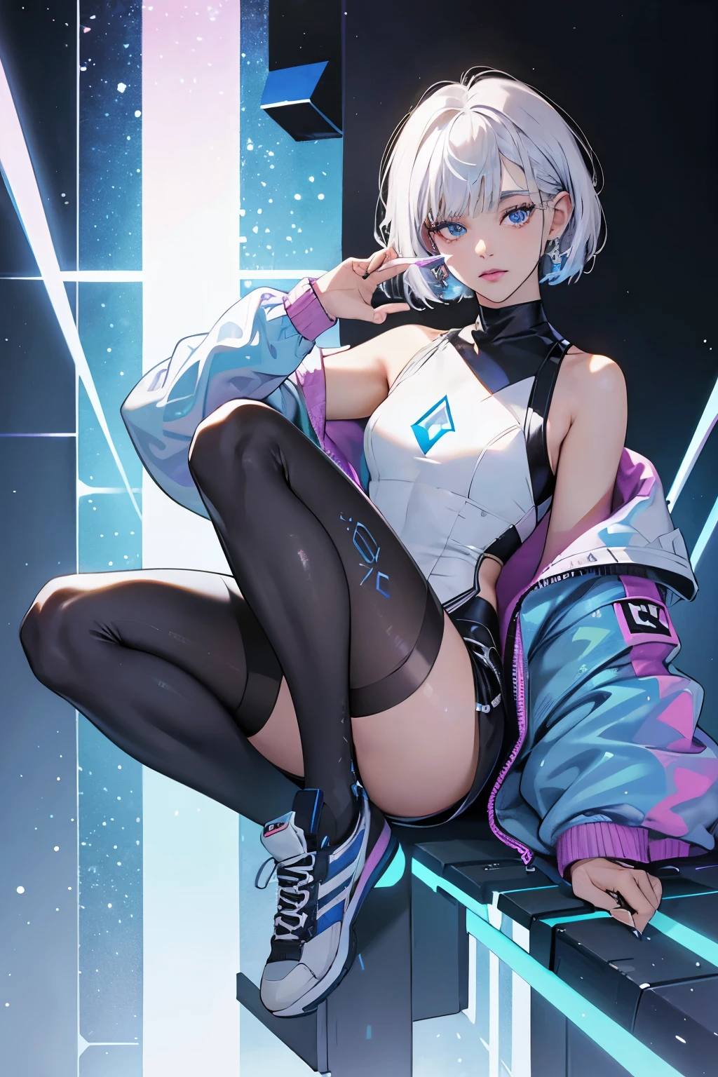 {{tokoyami towa (1st costume)}}, {{hololive}}, full body,{whitejacket, black shorts, black cap,navel}nude