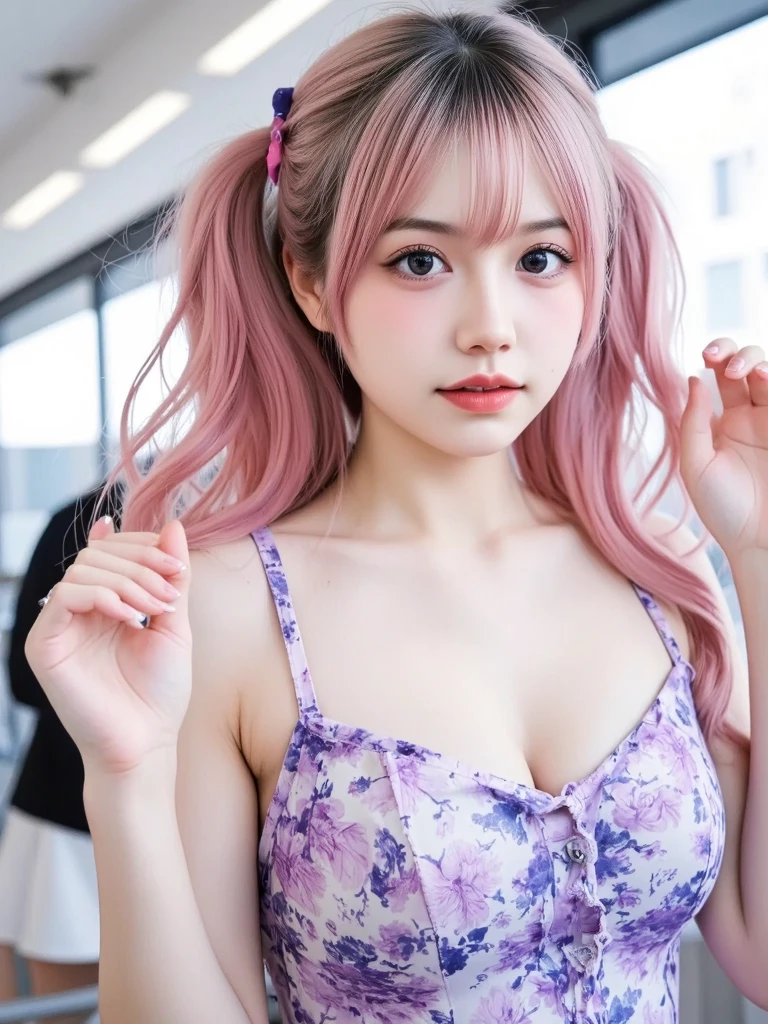 highest quality, figure, ((Pink Hair)),((Pink Hair)),sexy、slender、Shapely small breasts、sexy、Yellow and green checkered bikini swimsuit、sexy、Very detailed, Fine details,Slim body、slender、Japanese girl、 High resolution, 8k,wallpaper, Perfect dynamic composition, Beautiful fine details, Short Twin Tails、Blonde、Blonde、Big Natural Color Lip, Bold sexy pose,smile、Cold Stare,15-year-old girl、Cute type、Lolita、Good Eyes、whole body,Pink wall,Sexy thighs are visible、whole bodyポーズ、