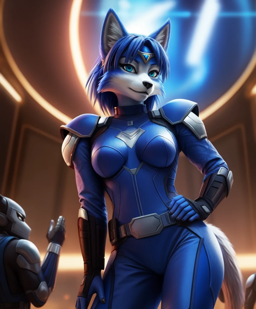 Furry azul blanca traformacion completa a nude futa woman with blue and white furry kemono transformation, hyper-detailed portrait of Krystal from Starfox with Samus power suit, masterpiece, realistic, 8k, photorealistic, ultra-detailed, physically-based rendering, cinematic lighting, dynamic pose, intricate detailed anatomy, sharp focus, complex patterns, vibrant colors, dramatic lighting