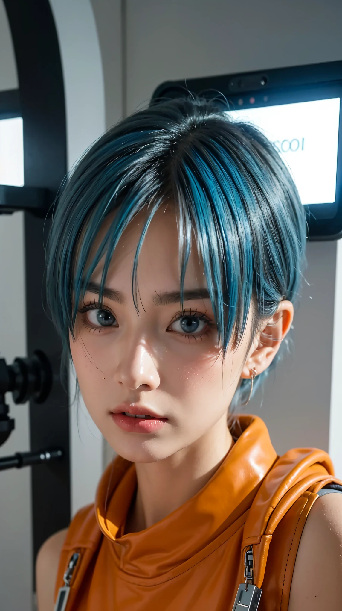 "Create an ultra-realistic portrait of Bulma from Dragon Ball as if she were a real human. She has striking blue hair styled in a modern, slightly wavy bob cut, vivid blue eyes, and a confident, intelligent expression. Her outfit is a stylish, futuristic capsule corp-themed jumpsuit with utility belts and tech gadgets, blending anime flair with real-world materials like leather, nylon, and metal. Her skin is flawless, with a natural glow, and the lighting should be cinematic, with soft shadows and depth. She is standing in a high-tech lab environment with glowing screens and advanced machinery in the background. Render in photorealistic style, 8K detail, with intricate textures on clothing and lifelike facial features, showing realism in skin pores, hair strands, and eye reflections."