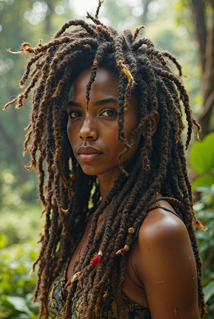 designs afro woman in nature with hyper-realistic dreadlocks
