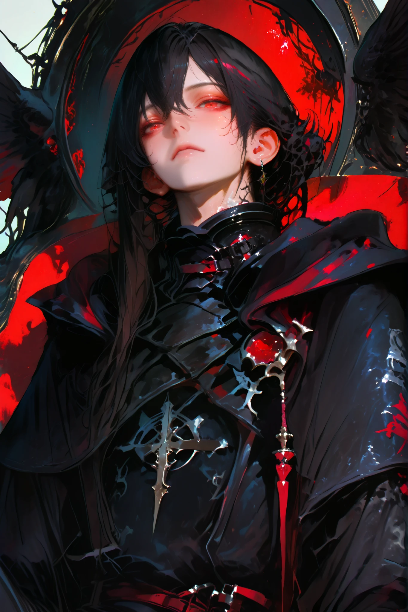 masterpiece, best quality, Detailed Eyes, man, fantasy, red eye, very long black hair, semi realistic, 8k, black medieval suit, black red cape, looking at viewer