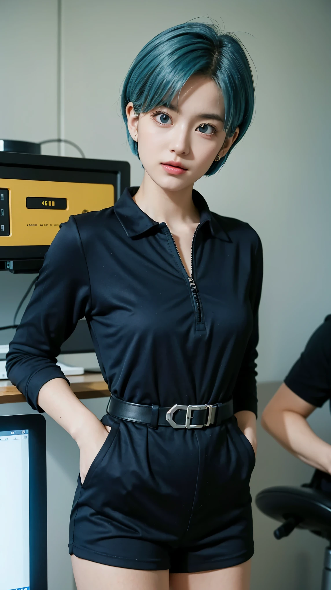 "Create an ultra-realistic portrait of Bulma from Dragon Ball as if she were a real human. She has striking blue hair styled in a modern, slightly wavy bob cut, vivid blue eyes, and a confident, intelligent expression. Her outfit is a stylish, futuristic capsule corp-themed jumpsuit with utility belts and tech gadgets, blending anime flair with real-world materials like leather, nylon, and metal. Her skin is flawless, with a natural glow, and the lighting should be cinematic, with soft shadows and depth. She is standing in a high-tech lab environment with glowing screens and advanced machinery in the background. Render in photorealistic style, 8K detail, with intricate textures on clothing and lifelike facial features, showing realism in skin pores, hair strands, and eye reflections."