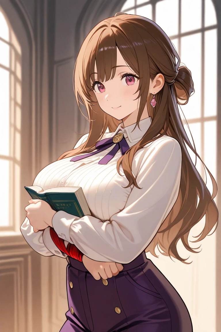 yellow eyes, brown hair, long hair,,　breasts, solo,, nsfw. Enchanted Libraries,　Blazer uniform