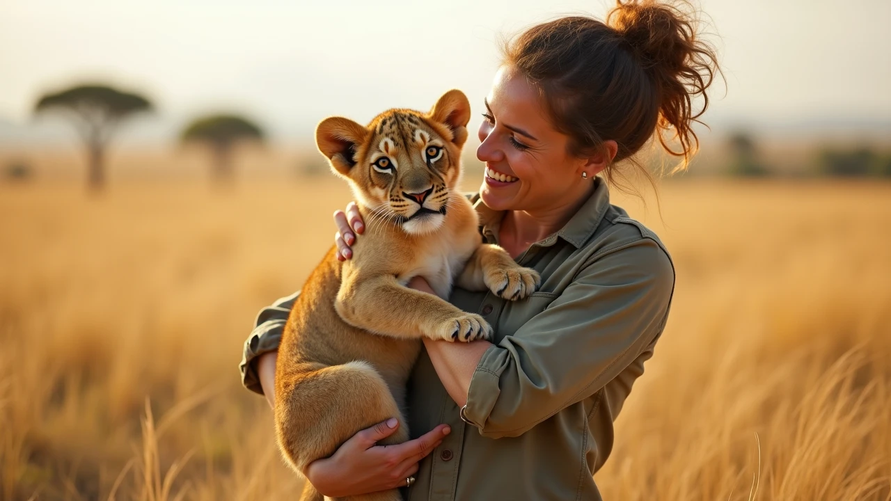 A dynamic, photorealistic image capturing a playful moment. It features a young African woman with short, curly black hair, laughing as she playfully wrestles with a mischievous lion cub. She is topless and dressed in comfortable khaki shorts and a loose blue t-shirt that is completely torn, especially around her chest area. The t-shirt is ripped open, revealing a significant portion of her breasts, she has big boobs, emphasizing the extent of the damage to her clothing. Her eyes sparkle with joy. The lion cub playfully bites at her torn t-shirt while she gently tries to hold it back. The two are positioned in the middle of a field of tall, golden grasses, with a spectacular sunset casting a warm glow over the scene. The woman wears a beaded bracelet. The sun is positioned just behind her, creating a backlit effect