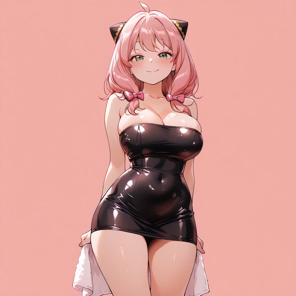 A gorgeous woman with pink hair in a bob cut with braids. She has pink panther-like ears and a spotted pink panther-like tail. She's wearing a tight fitting and low-cut white shirt that reveals her massive cleavage. She's wearing a very short black leather skirt and black fishnets. She's leaning against a grey stone wall with a non-chalant look about her. She exudes sensuality with a hint of rebellious energy.