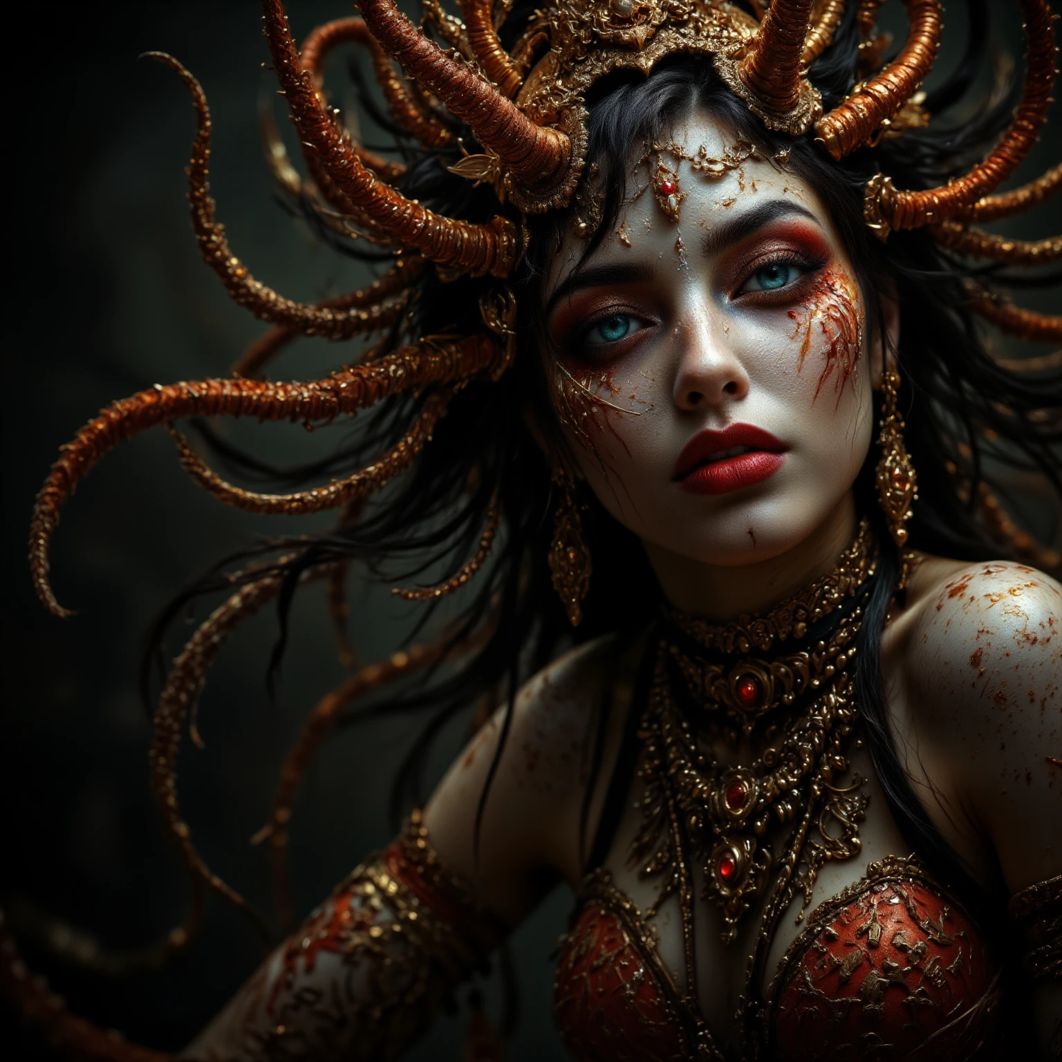 photo realistic,, realistic dark, surreal, beautiful exotic demon woman with large ram horns and a Carnevale di Venezia mask, large breasts wearing an open long black latex robe showing her nude body underneath, medusa, snake woman, giger, scary aesthetic, nightmare, windy, RAINSTORM, LIGHTNING, giger, necronomicon, visceral,nightmare,imagination,fantastical,dramatic,dark tones,paranormal,surreal juxtaposition,cosmic horror,horror, realistic detailed, film noir,