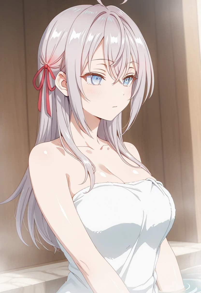 masterpiece, best quality, movie still, 1girl solo, female focus, looking at viewer, upper body, depth of field, (watercolor illustration, soft pastel colors:1.1), realistic, white hair, black eyes, naked, perky breasts