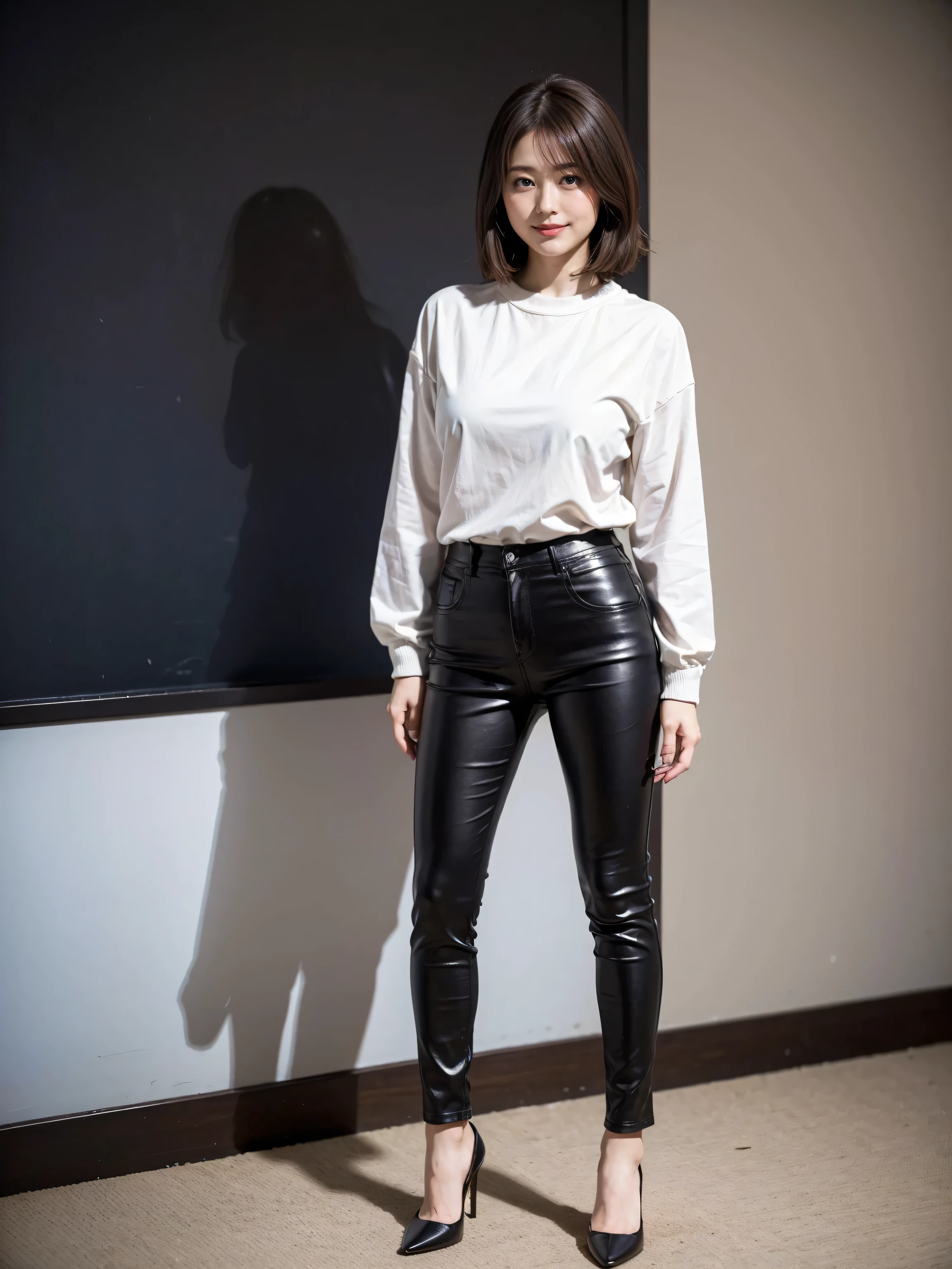Full body image, Japanese cutie girl, young female, (The angle is horizontal)、 wearing Light pink shirt, ((Black leather skinny pants)) , brown short hair, If you turn in this direction , Standing full body photo , A very beautiful woman is looking at me ,smiling, detailed writing,Female Best Image Quality、 super high resolution、( realism:1.4)、 sexy makeup 、 A body that makes you want to touch it 、Realistic Leather Texture 、 Clothes made of smooth leather fabric 、 Curved leather drape 、The costume has a strong shine、Quality of the costume、8K High Resolution