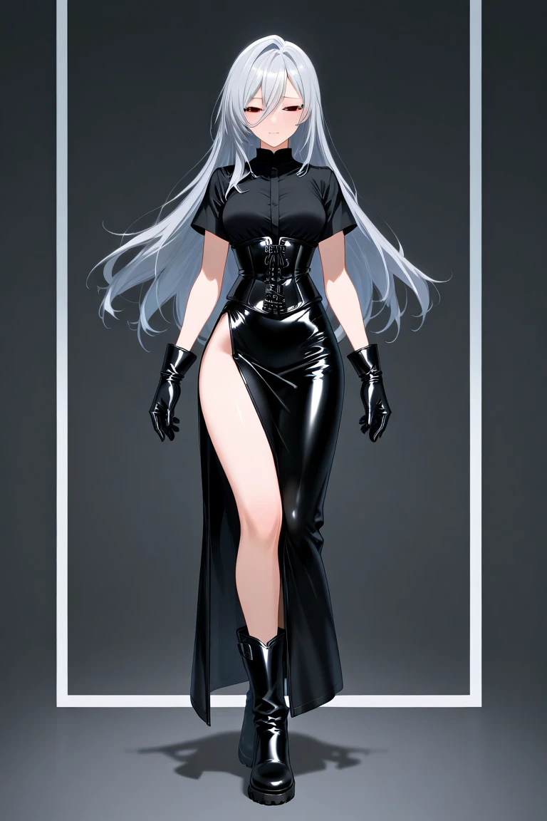A beautiful woman with long silver hair and piercing blue eyes, dressed in grunge style clothes, full body portrait, highly detailed, concept art style, photorealistic, 8K, masterpiece nwsf18
