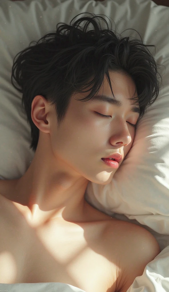 Korean man 18 years old, handsome, muscle, golden ratio face, black undercut hair, shirtless With eyes closed, mouth agape, rosy cheeks, and a look of pure bliss, lay on the bed