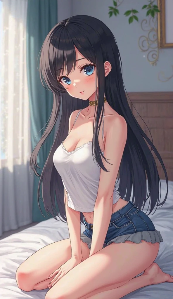 masterpiece, Highest quality, Girl waking up、camisole、Shorts、Yawning、I&#39;m trying to be tall、On the bed、Sleepy look