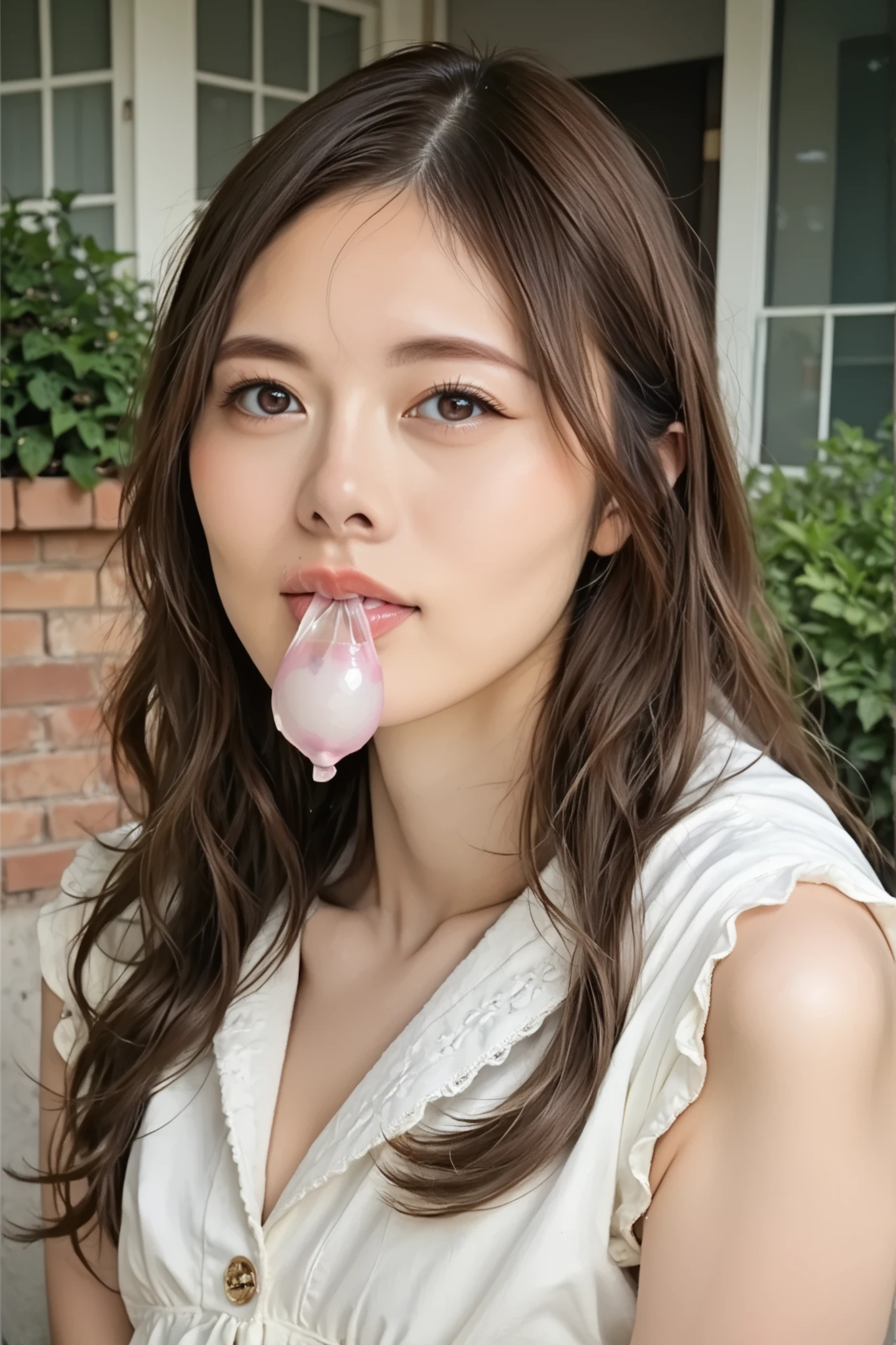 Score_9, Score_8_up, Score_7_up, rating_safe, realistic, photo realistic, masterpiece, best quality, intricate details, (sharp focus), solo, 1girl, a Japanese actress, (blouse, skirt), (used condom in mouth, face focus, view from front), detailed face, detailed eyes, sophisticated nose, pale skin, skin details, detailed hands, detailed fingers, anatomically correct proportion, outdoors, home, backyard, sunny,