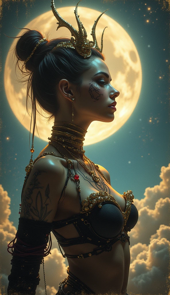 Portrait of a nude Bolivian indigenous woman with lunar symbolism