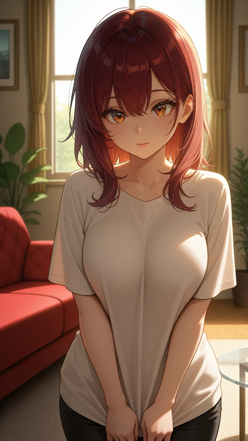 masterpiece, best quality, oversize white shirt, shoulder slip,cleavage,large breasts ,dark red hair ,short sleeves , bottomless, thighs,yellow eyes , sakurachi riko 