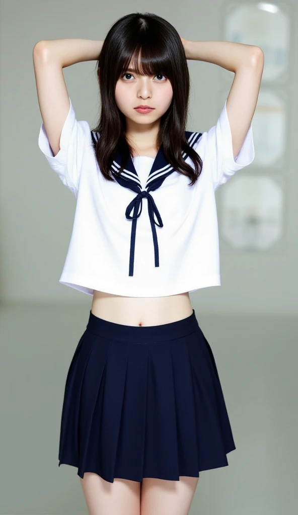 (Exceptionally best quality、Ultra high resolution、8k、Masterpiece:1.3)、Beautiful woman in perfect figure:1.4、detailed face、Detailed eyes、Double eyelids、1woman of man、High school girl、(Japanese school uniform)、(((The best smile)))、short skirt:0.6、long hair、skinny legs、cute、Whole Esbian、Extraordinary beauty、have dark hair、during the day 、perfect proportions、(((lying on the back)))、Age is17year、beautiful view、(open blue sky)、(Big dune)、、dune、desert、blue pleated skirt、Unworn panties、Showing her pussy in detail、sailor suit、((Show off a beautiful, hairy pussy.))、((Pussy can be seen through the gap in the skirt.))、Raise her legs.、(Fold up the skirt.)