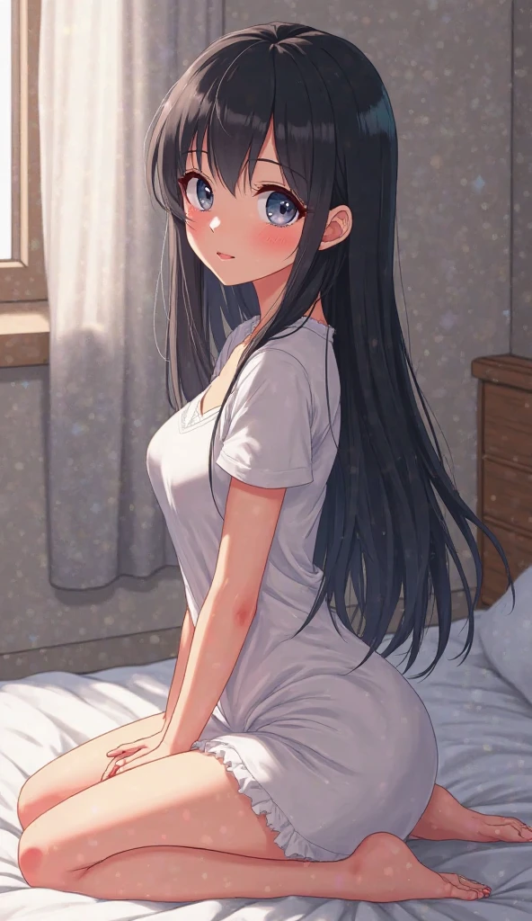 A young girl, with the likeness of a sibling, sits teasingly in a bedroom, her age reflecting the innocence and immaturity hidden beneath her seductive exterior. Wearing only a short t-shirt and panties, her stocking-clad legs cross seductively, revealing thick thighs that exude confidence and a subtle sexuality. Her hands are placed casually behind her back, her sensual pose accentuated by a suggestive smile playing at the corners of her lips.
In this modern adult anime style, strong lineart accentuates every curve and contour of her beautiful form. Soft painting brings a delicate and romantic touch to her face, with large, expressive