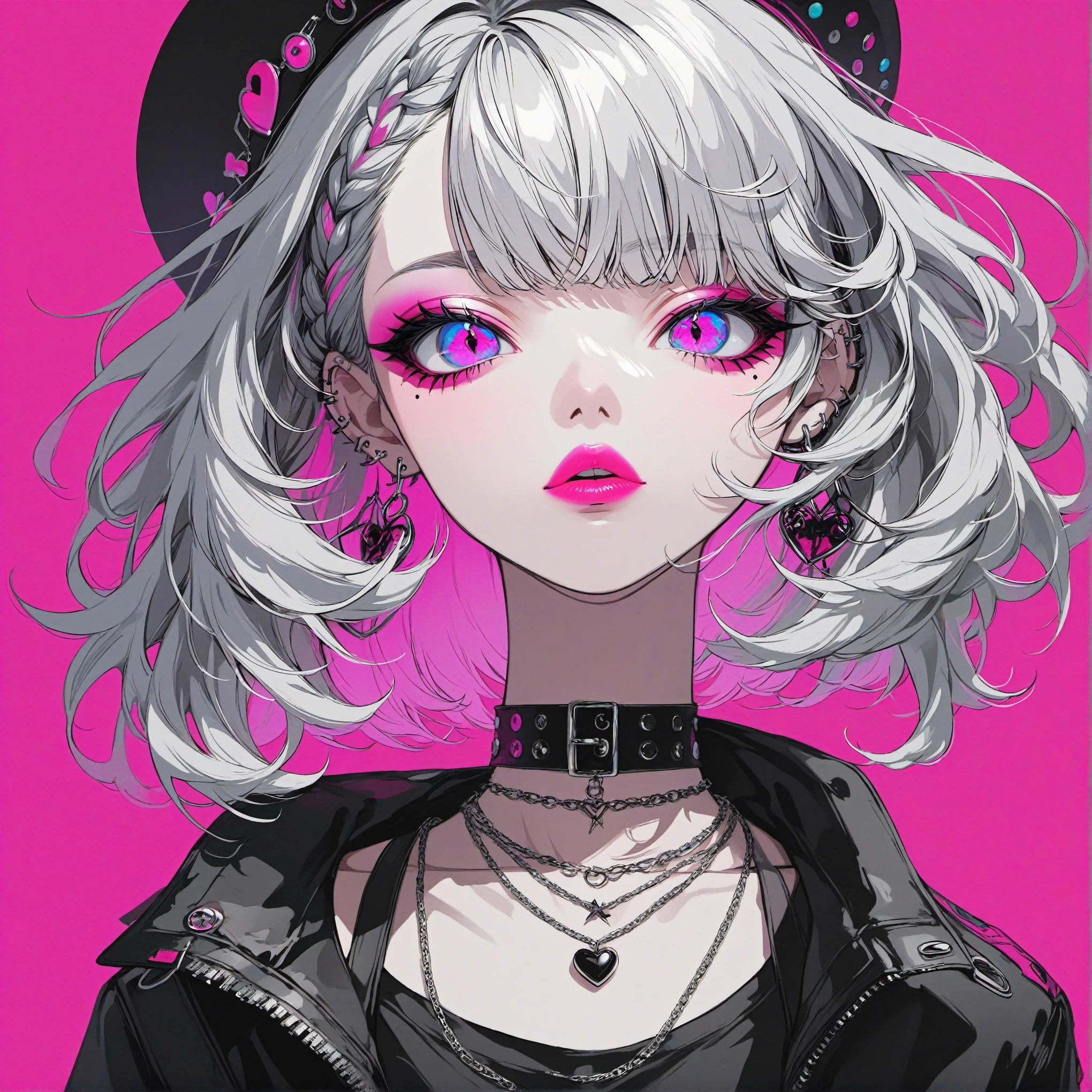 (Best quality:1.4, City Pop style, Very detailed, Latest, Vibrant, High contrast, Masterpiece:1.4,), Gal, Neon colored hair, Silver hair, Braided hair, Languid eyes, Kind and charming beautiful woman, Half body photo, Attractive oval face, Double eyelids, Pink lips, Neon hair, Punk style, Sexy outfit, Earrings, Jewelry, Pink lips, Necklace, Goth, Pretty face, Pure city pop style night background.