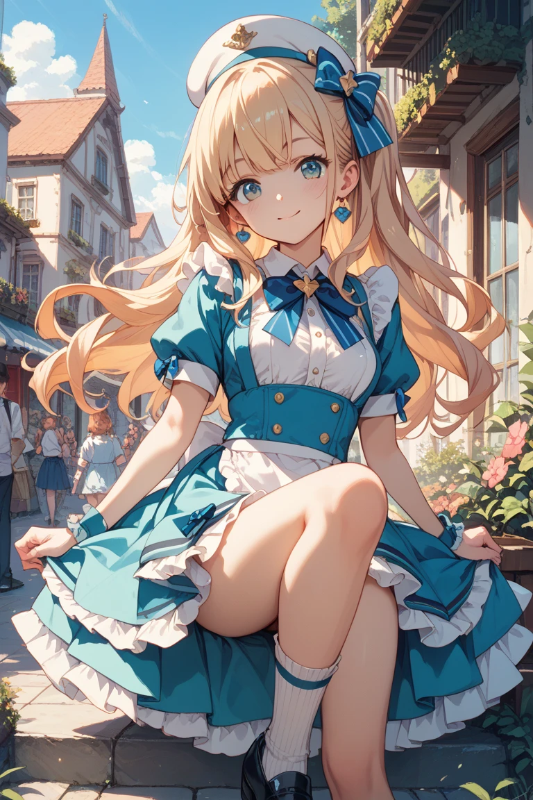 ((masterpiece) (((((Highest quality))))((High resolution))))), Very detailed, Ultra-realistic, 、blonde)、、、city、building、、(、Embarrassed face、、teeth 、Face looking back、From below、((Low Angle))、Maid、garden、No sleeve、Cowboy Shot、White panties