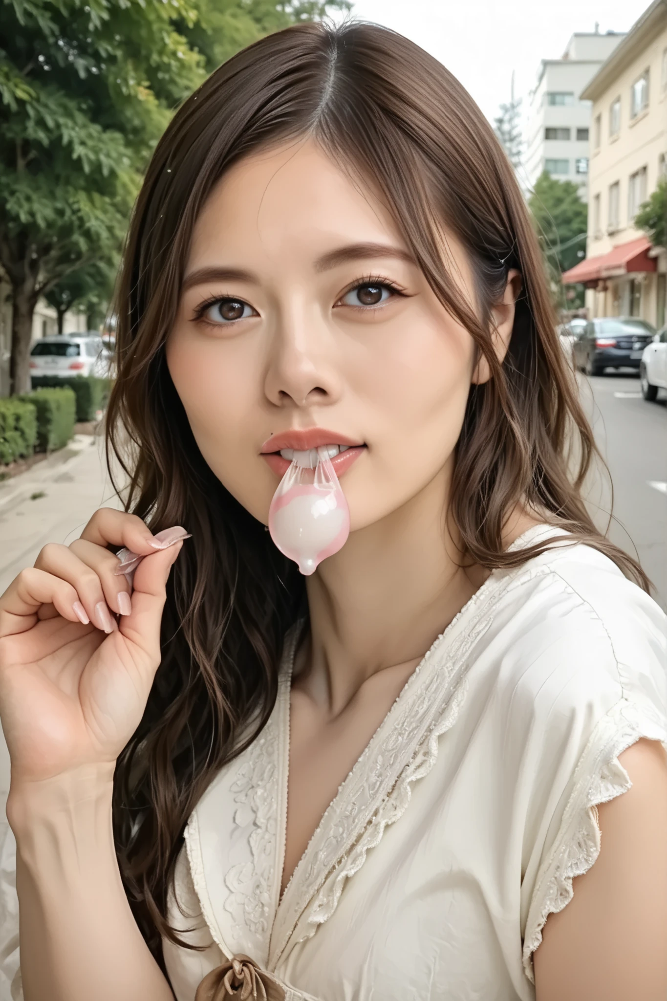 Score_9, Score_8_up, Score_7_up, rating_safe, realistic, photo realistic, masterpiece, best quality, intricate details, (sharp focus), solo, 1girl, a Japanese actress, (blouse, skirt), (used condom in mouth, face focus, view from front), detailed face, detailed eyes, sophisticated nose, pale skin, skin details, detailed hands, detailed fingers, anatomically correct proportion, outdoors, home, backyard, sunny,