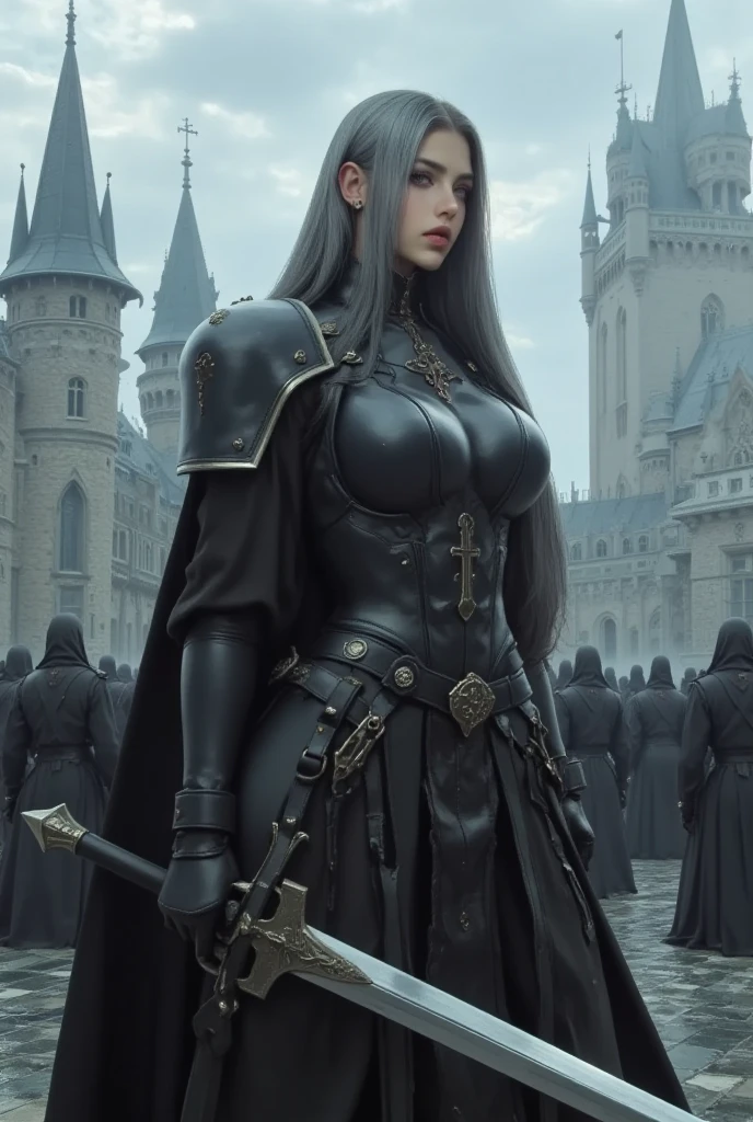 Fantastical、The sky is black、realisitic、Woman in black armor、realisitic、Helmet is full face、sideways Facing、Long hair is intense、Someone like live-action、I can't see my face、I have a sword in both hands、femele、Chest big、huge tit、Black overall --auto