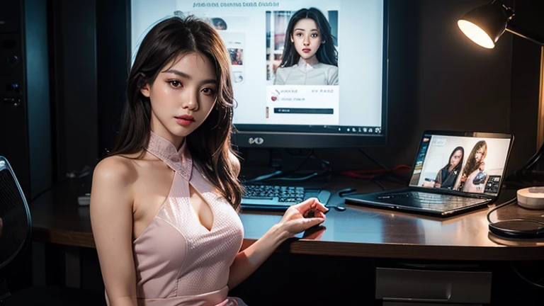 Top quality、masterpiece、Ultra-high resolution、(Photorealistic:1.4)、RAW photos、1 名girl、Light brown hair、Glowing skin、girl、((Ultra-realistic details))、porch、Global Illumination、shadow、Octan Rendering、8K、Super sharp、Bare skin is exposed in the cleavage、Metal、Intricate decorative details、Gundam Areial Details、Extremely complex details、Real Lighting、CGSoation trends、Purple Eyes、Radiant eyes、Facing the camera、Neon light details、Mechanical limbs、Blood vessels connected to the tubular mechanical vertebrae in the back、Mechanical cervical fixator、Sit on it、Wires and cables to the head、Small LED lights、LED、The background is the server room of the future、iridescent eyes、Human-machine integration