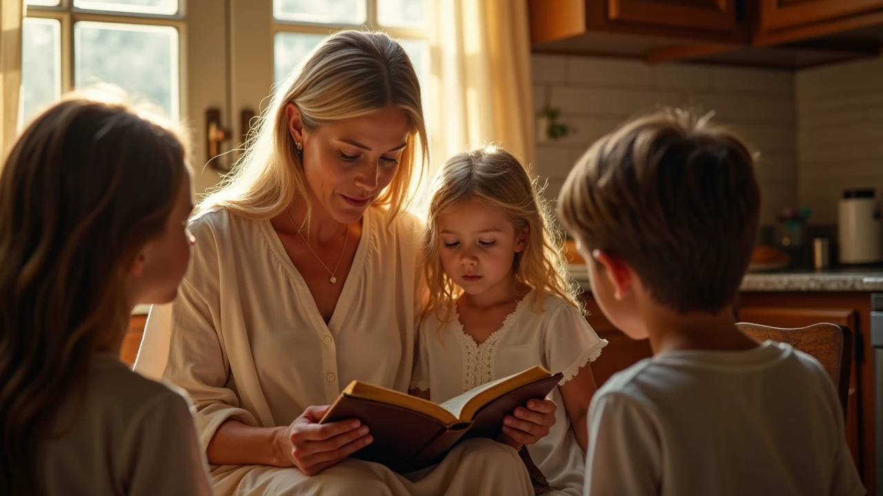 just an old woman reading a book to ( A child, with brown hair), through the window you can see the countryside, twilight light, warm atmosphere, cultured atmosphere, (masterpiece) (perfect proportion) (realistic photo) (best quality) (detailed) (8k) (HDR) (wallpaper) (cinematic lighting) (sharp focus) (intricate)