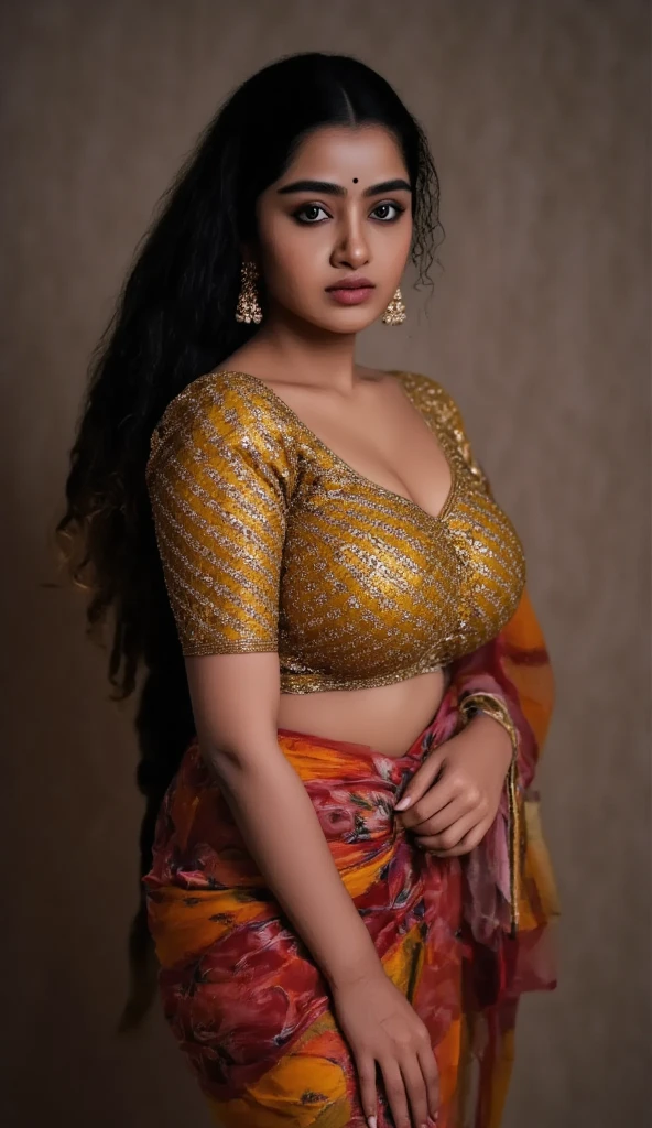 Indian sexy WOMEN WEARING saree , ancient sex goddess , perfect figure , big boobies , showing her round belly button , sexy deep navel , curvy waist , thick legs , slutty makeup , dark eyeliner , HOT red lips , long hairs , earrings , shinny ornaments , necklace , 8k resolution , photorealistic , ultra realistic , HD Quality , photography , long shot , full body photograph , cinematic lighting , daylight , Hasselblad photography , ARRI Photography , details , extreme details , little details , ultra sharp photo , perfect picture , fine details , HQ ,