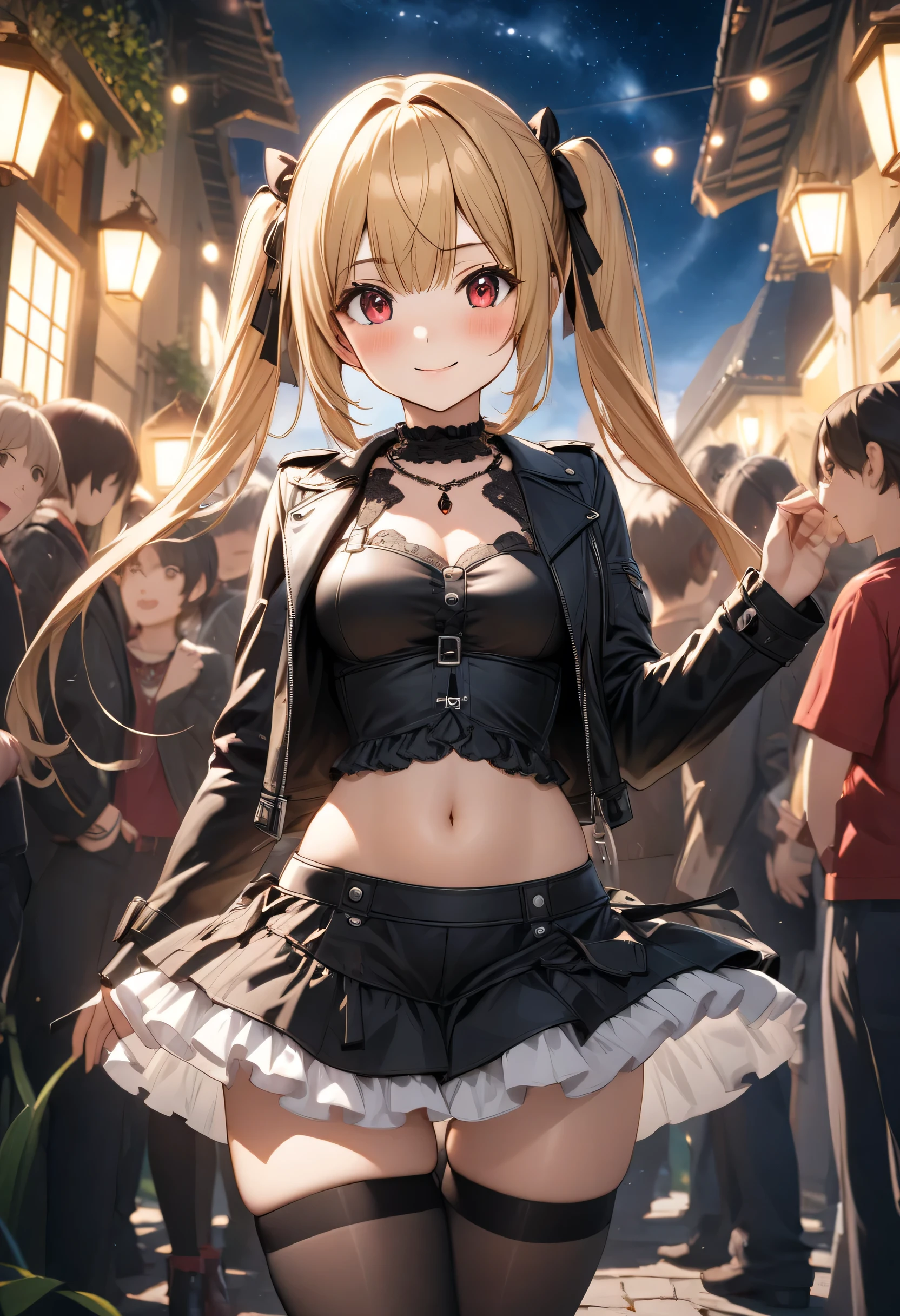 masterpiece, best quality, high resolution jockstrap, UHD, perfect pixels, depth of field, 4k, RTX, hdr))), 1 girl, single,  , alone, full body,  beautiful anime girl , Beautiful Art Style, Take from the chest up , anime character style hairstyle, ((little smile, childish gaze, blond hair with two long pigtails on the sides and red ribbons,)), (honey-colored eyes, beautiful and striking eyelashes,), (Detailed face, blush: 1.1), (smooth texture: 0.6, realistic texture: 0.4, photorealistic: 1.1, anime cg style),  beautiful medium breasts, (dynamic angle, foreground neckline, is in front welcoming the spectator.), perfect body, (Clean fingers, 5 fingers on the hand,  five fingers), He is standing (showed: short leather jacket in black color, black top, You can see the navel with a small piercing, black ribbons on the pigtails, short plank miniskirt in red and white tones, black thigh-high stockings and long boots gothic style and sexy, black wristbands and necklaces of a Gothic ta outfit,), (in the background the garden of a residence covered with people celebrating a night , You look at the dark sky with stars, front view